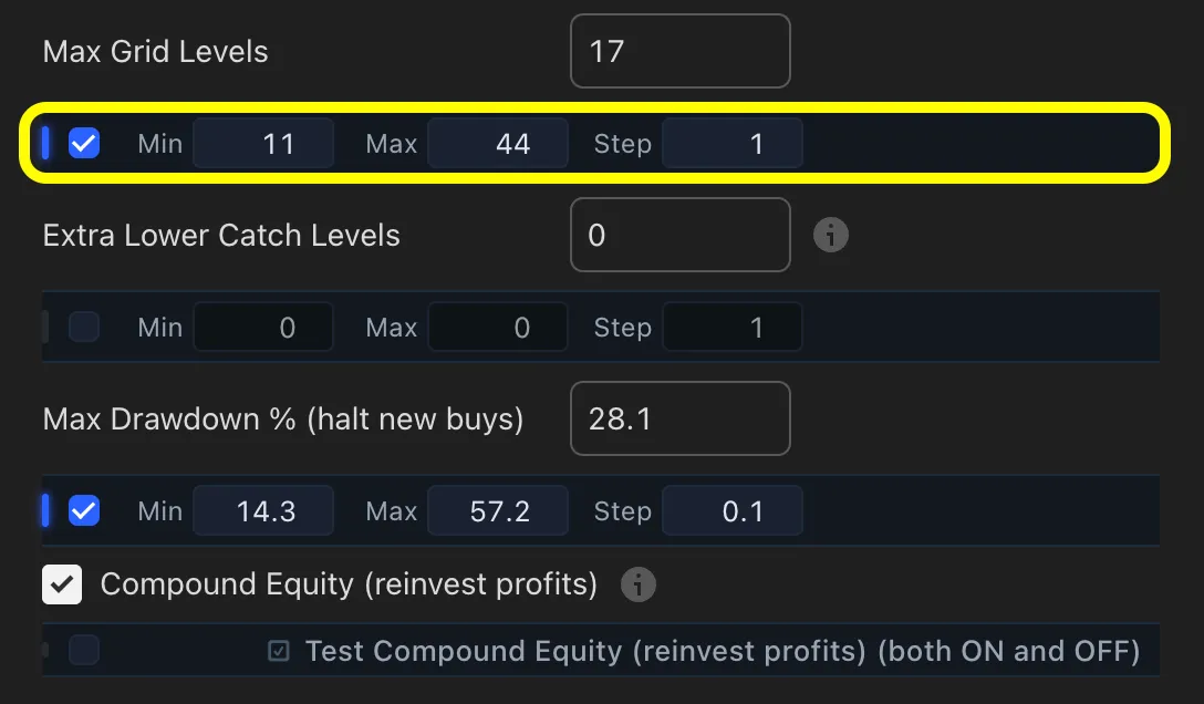 TradingTune inputs configured with minimum, maximum, and step values for each parameter