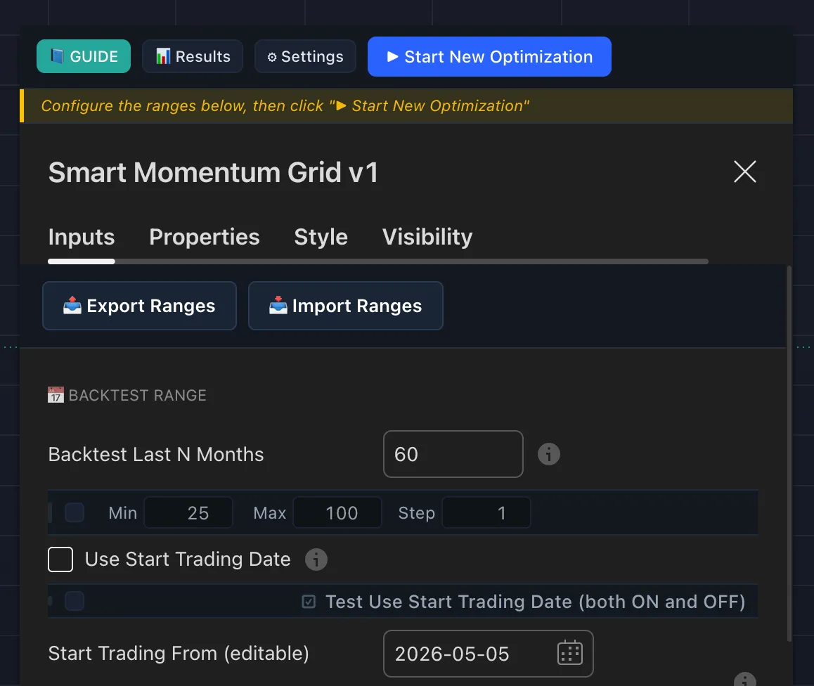 TradingTune running an optimization with cycles progressing through parameter combinations