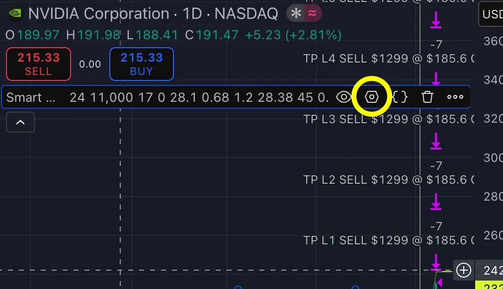 TradingView strategy settings dialog opened with the TradingTune panel attached